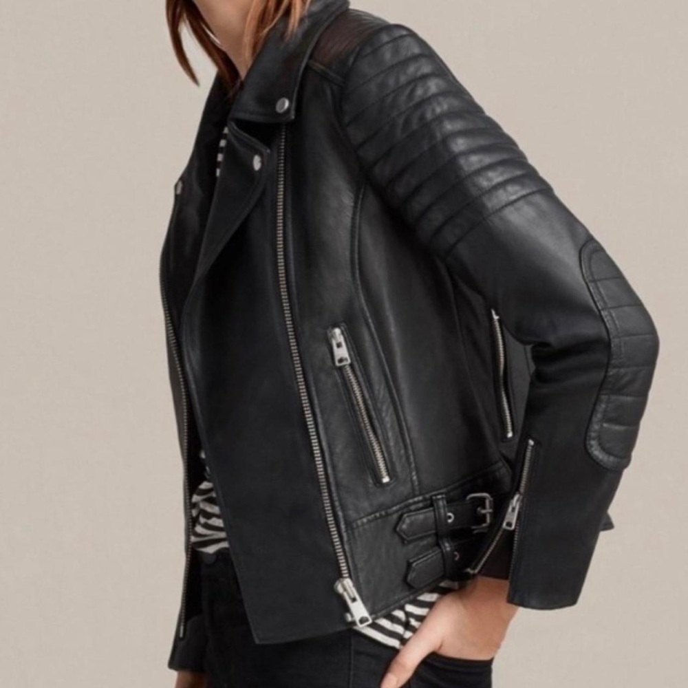 AllSaints Papin Biker Leather Jacket, US 6 UK 10